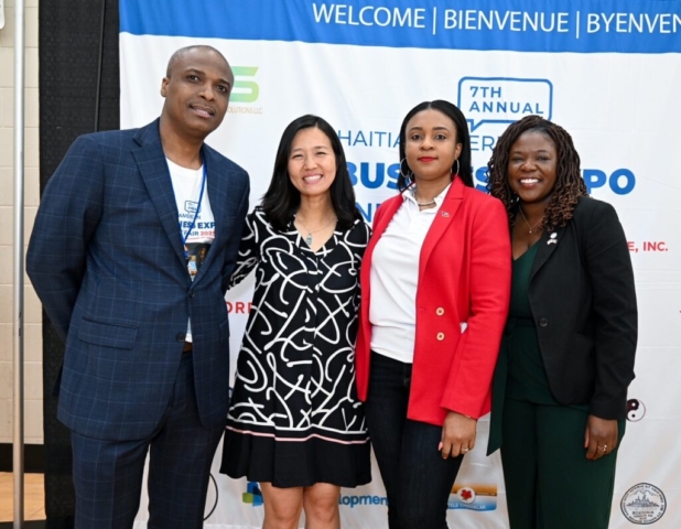 US Haitian Chamber President Dr. Hans Patrick Domercant, Boston Mayor Michelle Wu, Consul General Regine Etienne and Boston Council President Ruthzee Louijeune